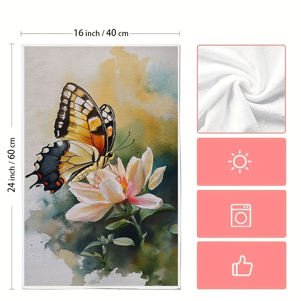 Set of 2 Ultra Soft Kitchen Towels featuring a Delicate Butterfly on Flower Design. These towels are Highly Absorbent, Machine Washable Dish Hand Towels perfect for Contemporary Coastal Decor. Size: 40.64x60.96 cm