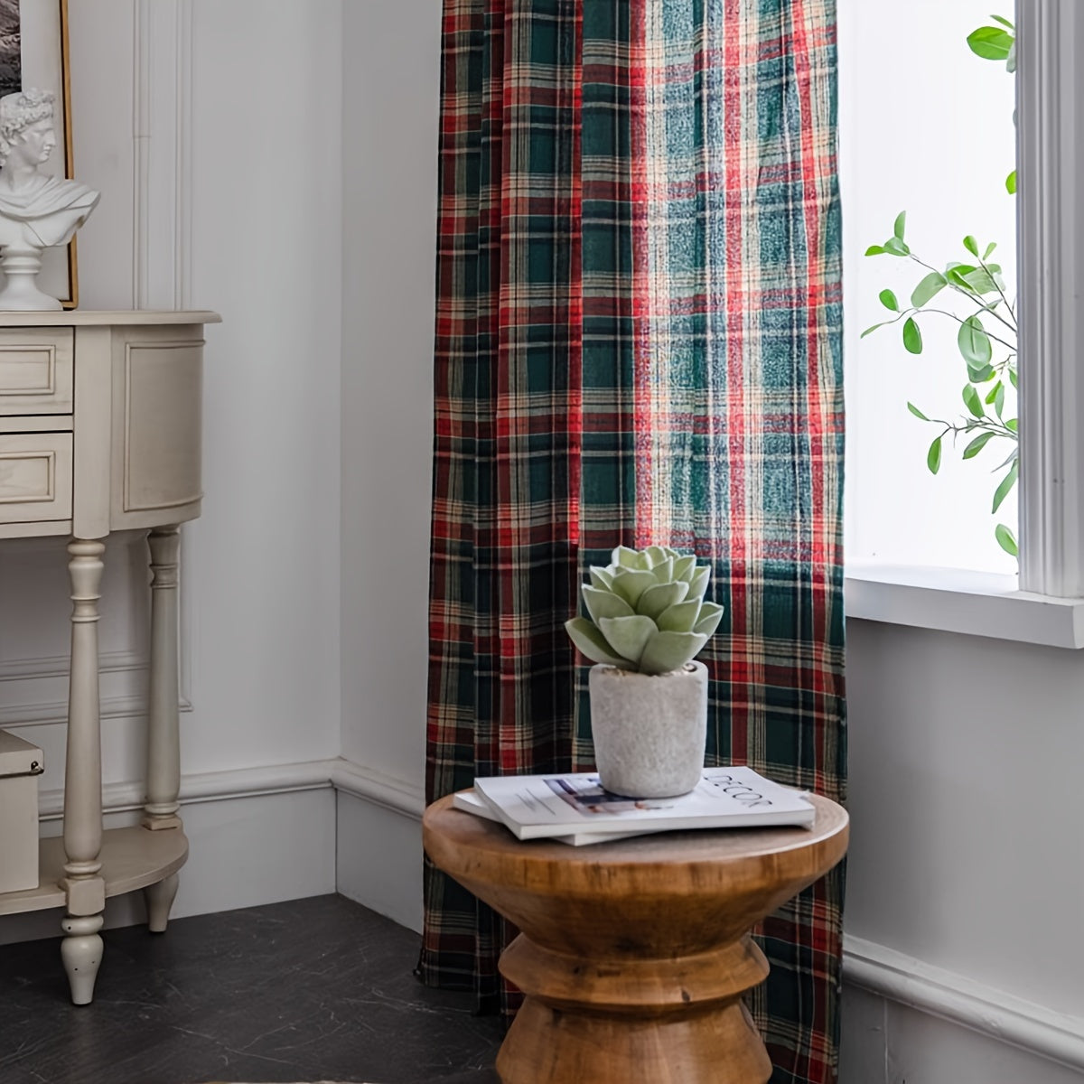 One-piece Green Plaid Christmas Curtain with an American Retro Style, allowing light to pass through, Ideal for creating a festive atmosphere in the bedroom, balcony, and living room. Features an invisible rod for easy installation. Perfect for adding