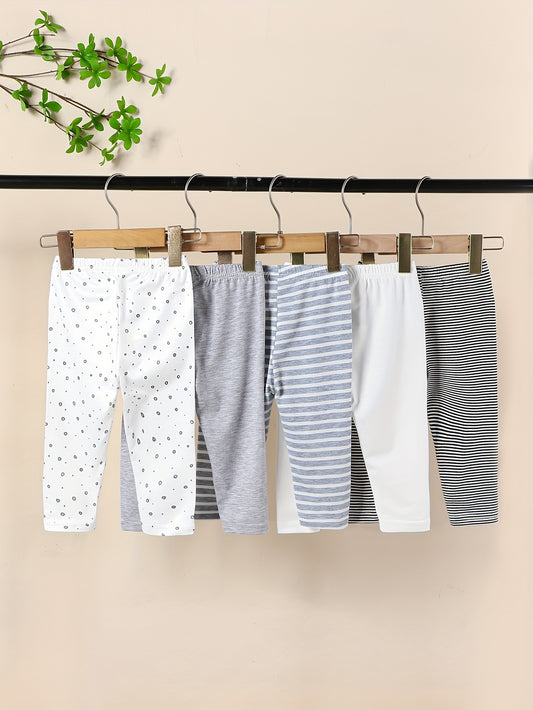 Boys' 5-pack knit pants. Soft stretch polyester with elastane. Casual fit in striped and polka dot patterns for spring/fall. Outdoor essentials.