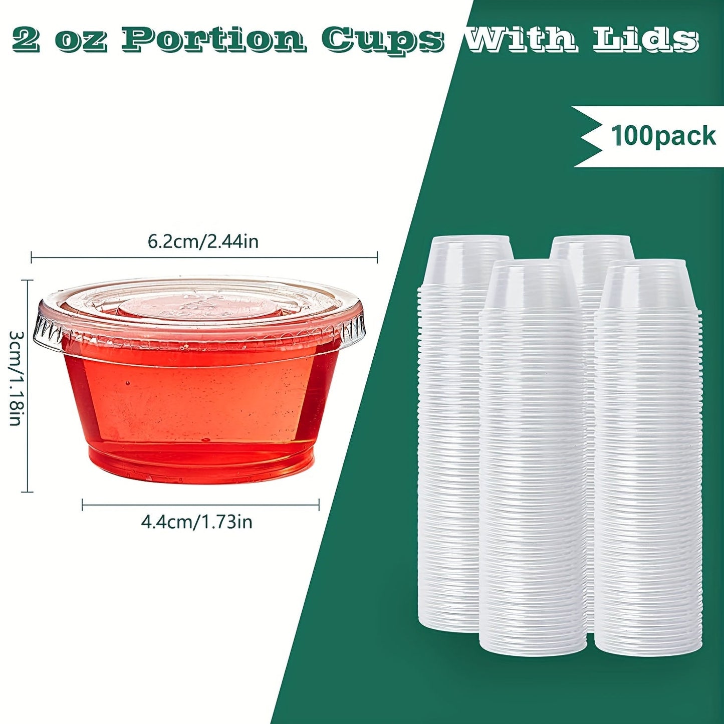 50 or 100 pieces of Disposable Portion Cups with Lids in sizes of 2oz, 3.25oz, and 5.5oz. Ideal for meal prepping, portion control, salad dressing, and small condiments. A must-have for your kitchen gadgets and accessories collection.