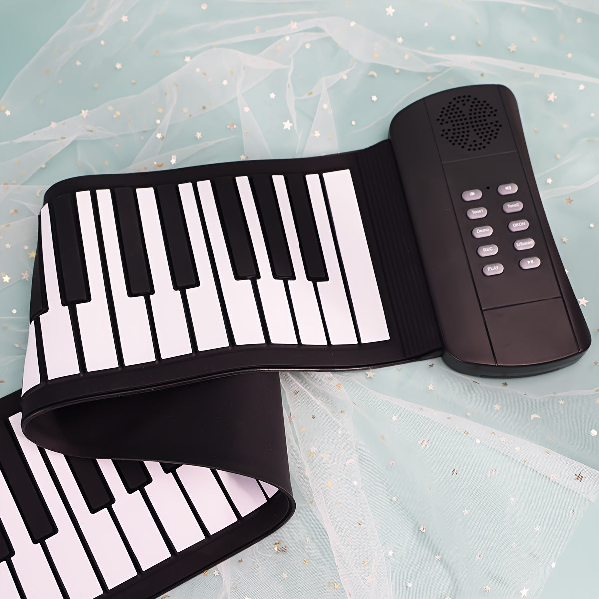 Micro Poly 49-Key Portable Roll-Up Piano Keyboard with Silicone Keys in Black. USB & Battery Powered, Ideal for Beginners. Compact and Easy to Carry Design, Perfect for Home Use. Includes