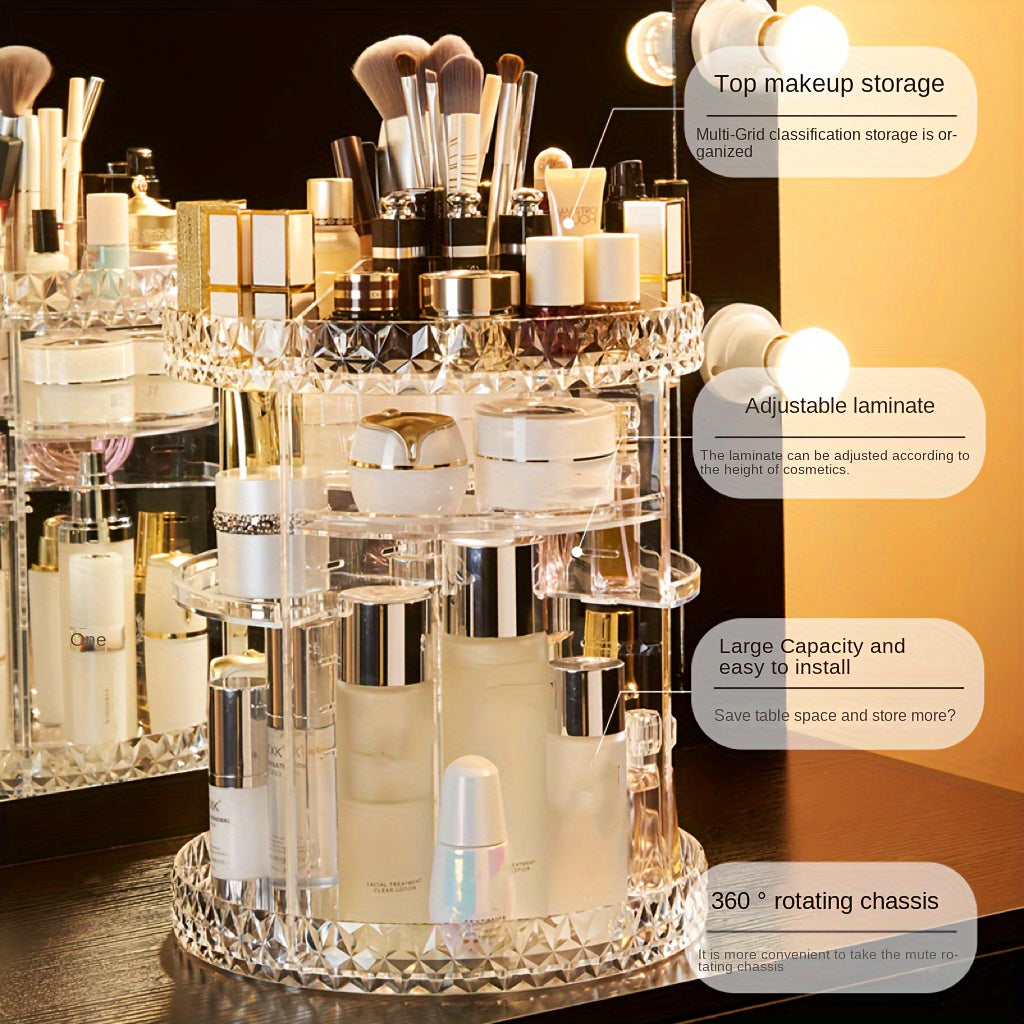 Rotating makeup organizer with high-capacity storage for skincare, makeup, perfume, lipstick, lotion, and cosmetic brushes.