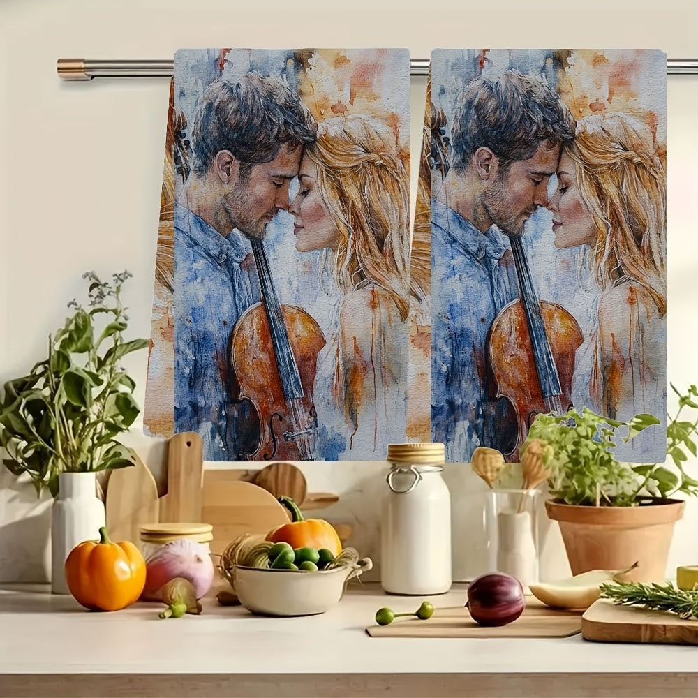 Two romantic violin duet themed kitchen towels are included. These ultra soft and highly absorbent dish towels are made of polyester and are machine washable. Each towel measures 40.64x60.96 cm and is perfect for holiday decor and everyday use in the