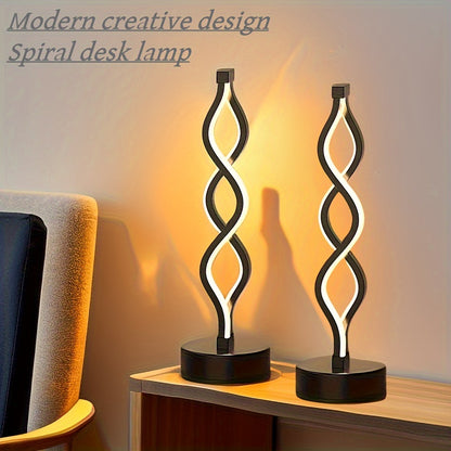 Set of 2 Color Changing Spiral LED Table Lamps with modern design, adjustable color, USB powered, no battery required. Ideal for bedroom, living room, bathroom, fantasy themed home decor.