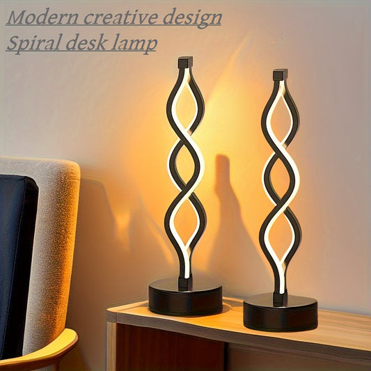 Set of 2 Color Changing Spiral LED Table Lamps with modern design, adjustable color, USB powered, no battery required. Ideal for bedroom, living room, bathroom, fantasy themed home decor.