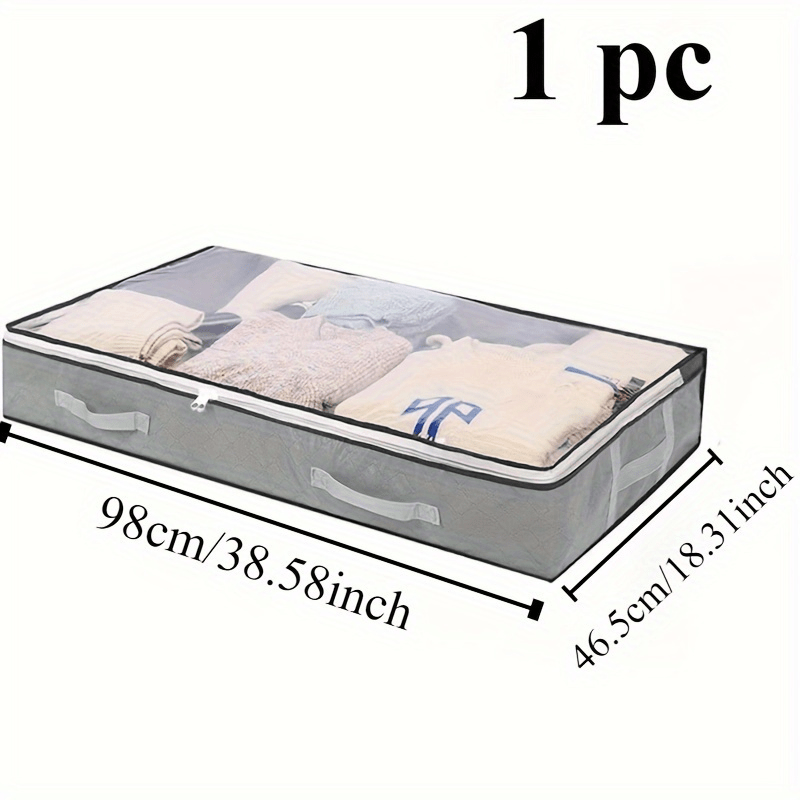 Large capacity under-bed storage box with waterproof fabric, reinforced handles, and flip-top design for various items. Durable construction for bedroom organization.