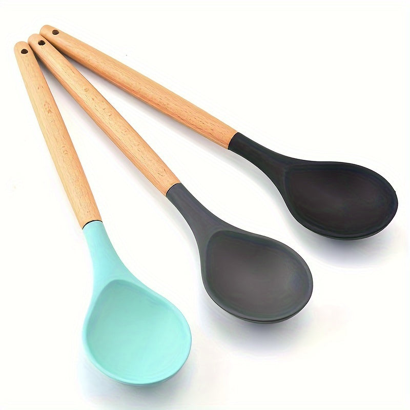 Wooden Handled Silicone Spoon - Multipurpose Kitchen Tool for Mixing, Serving, and Stirring - Long-lasting and Simple to Wash