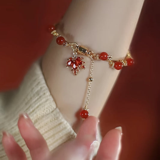 Vintage elegant style bracelet with delicate red maple leaf beads pendant, made of copper jewelry. This lucky hand string is suitable for women.