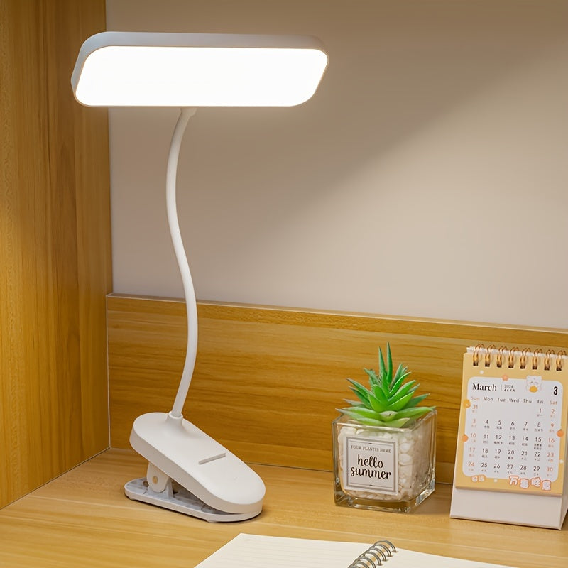 White LED gooseneck desk lamp with touch control, adjustable height and color temperature, rechargeable battery, dimmer, plastic finish; can be powered by USB or battery.