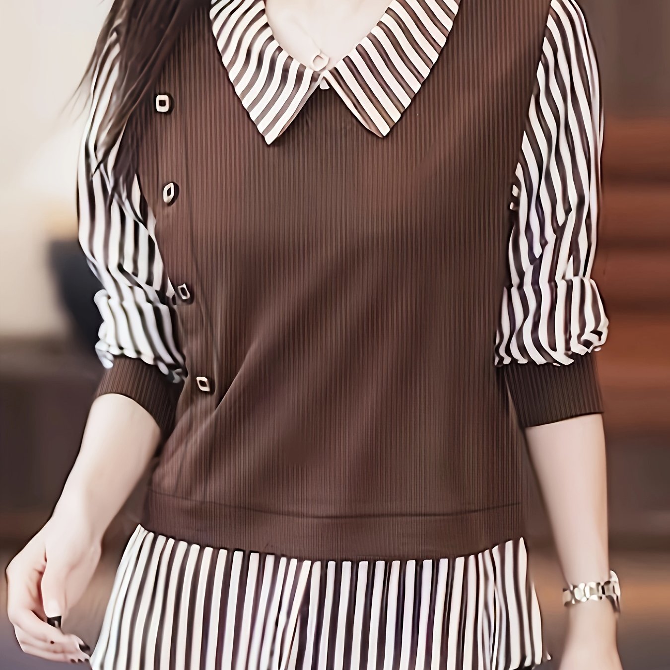 Stripe Print Faux Twinset Blouse for Spring & Summer, Women's Casual Three-quarter Sleeve Top.