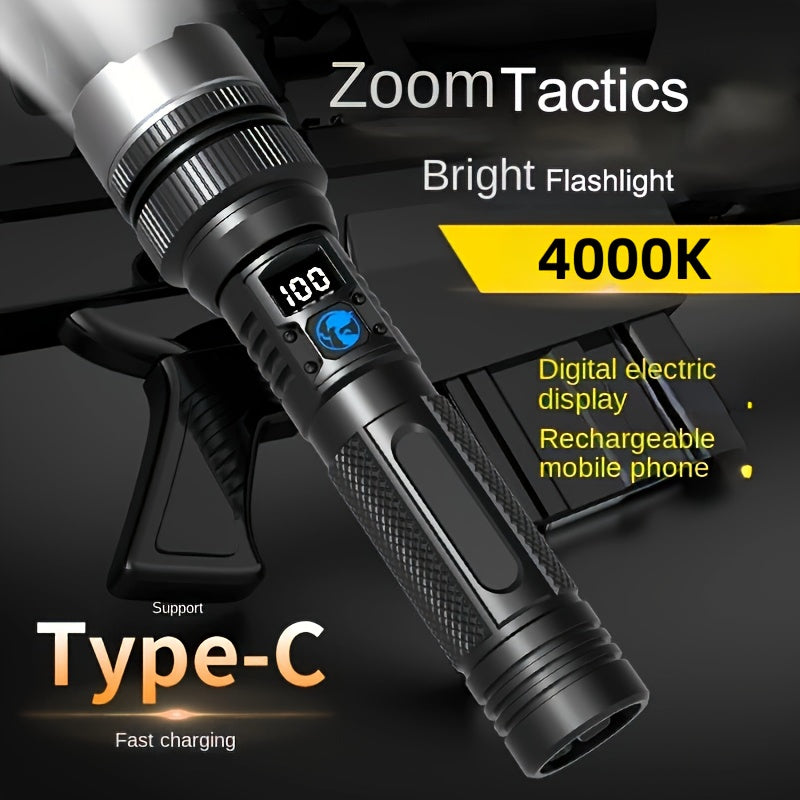 USB rechargeable, high-power aluminum alloy flashlight with digital display for outdoor emergencies.