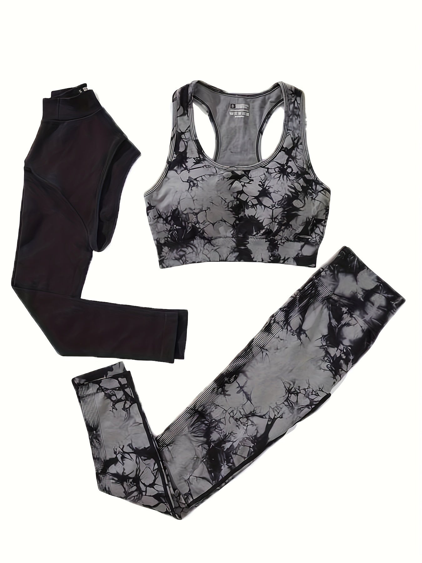 3-piece Tie-Dye Yoga Set for Women - High-stretch nylon activewear with sports bra, crop top, and leggings - Machine washable and perfect for all seasons