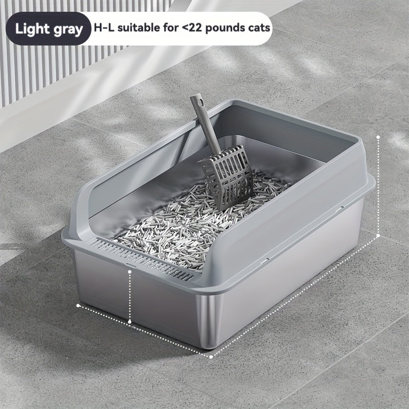 Large stainless steel litter box with splash guard cover for easy cleaning.