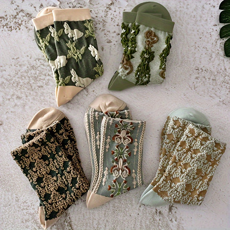 5 pairs of floral print mid tube socks for women, comfy and breathable