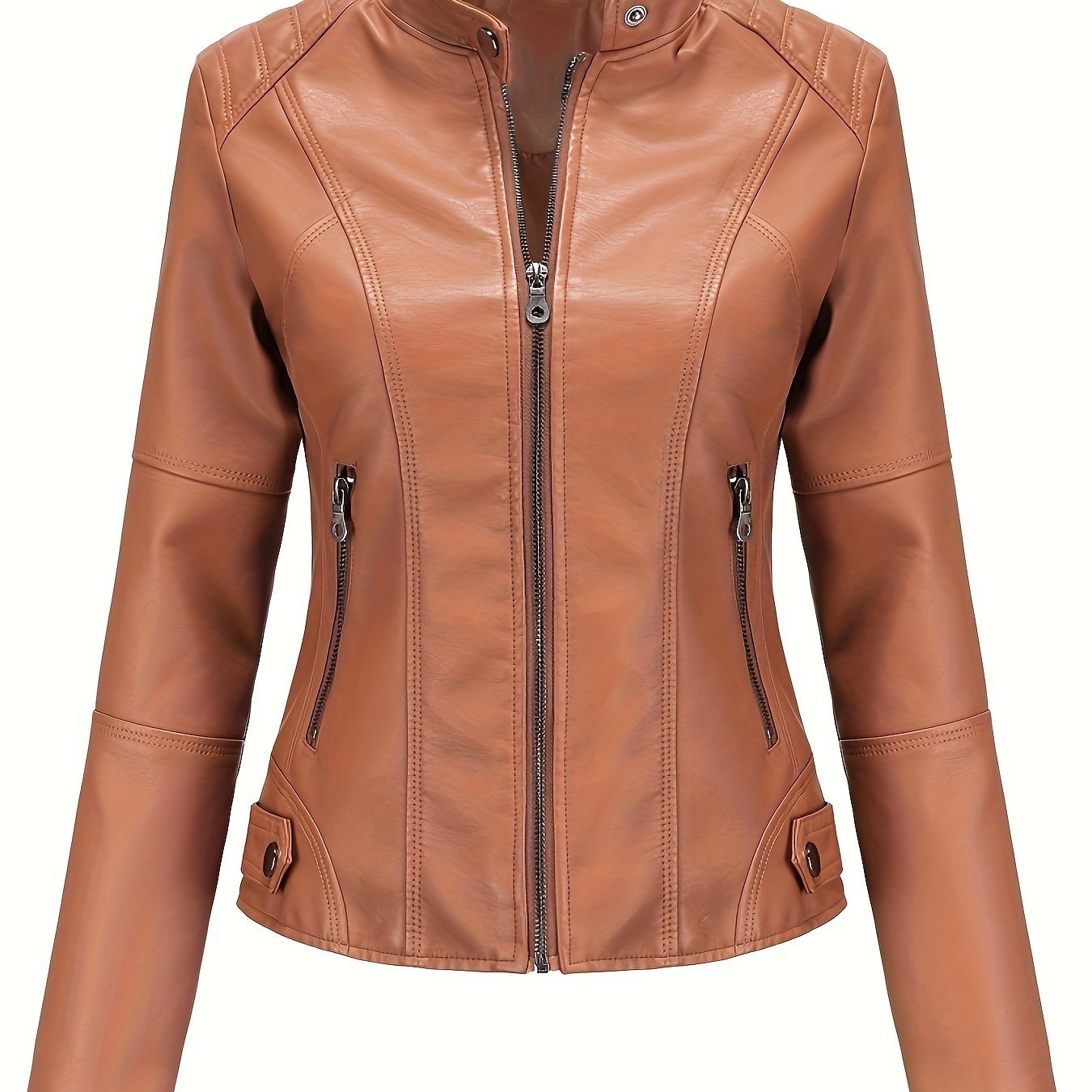 Beige biker style jacket for women, ideal for spring/fall with zipper details, stand collar, and slant pockets. Functional and sleek for casual outerwear.