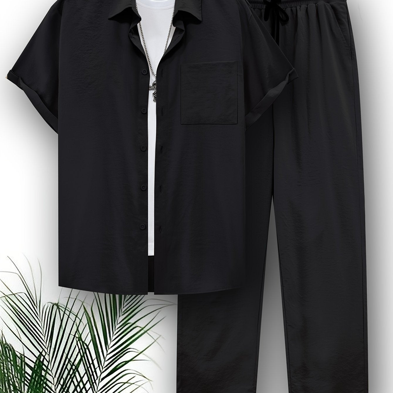 Summer outdoor outfit set for plus size men, featuring solid shirt and pants.