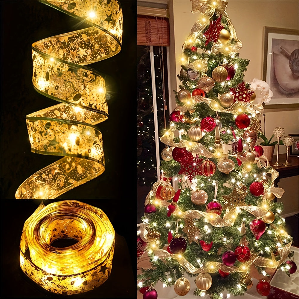 Choose from 2m/78.74" to 10m/393.7" lengths of battery-powered LED fairy lights with golden Christmas ribbons and bowknots for tree, home, and party decor, ideal for Halloween, Christmas, and weddings.