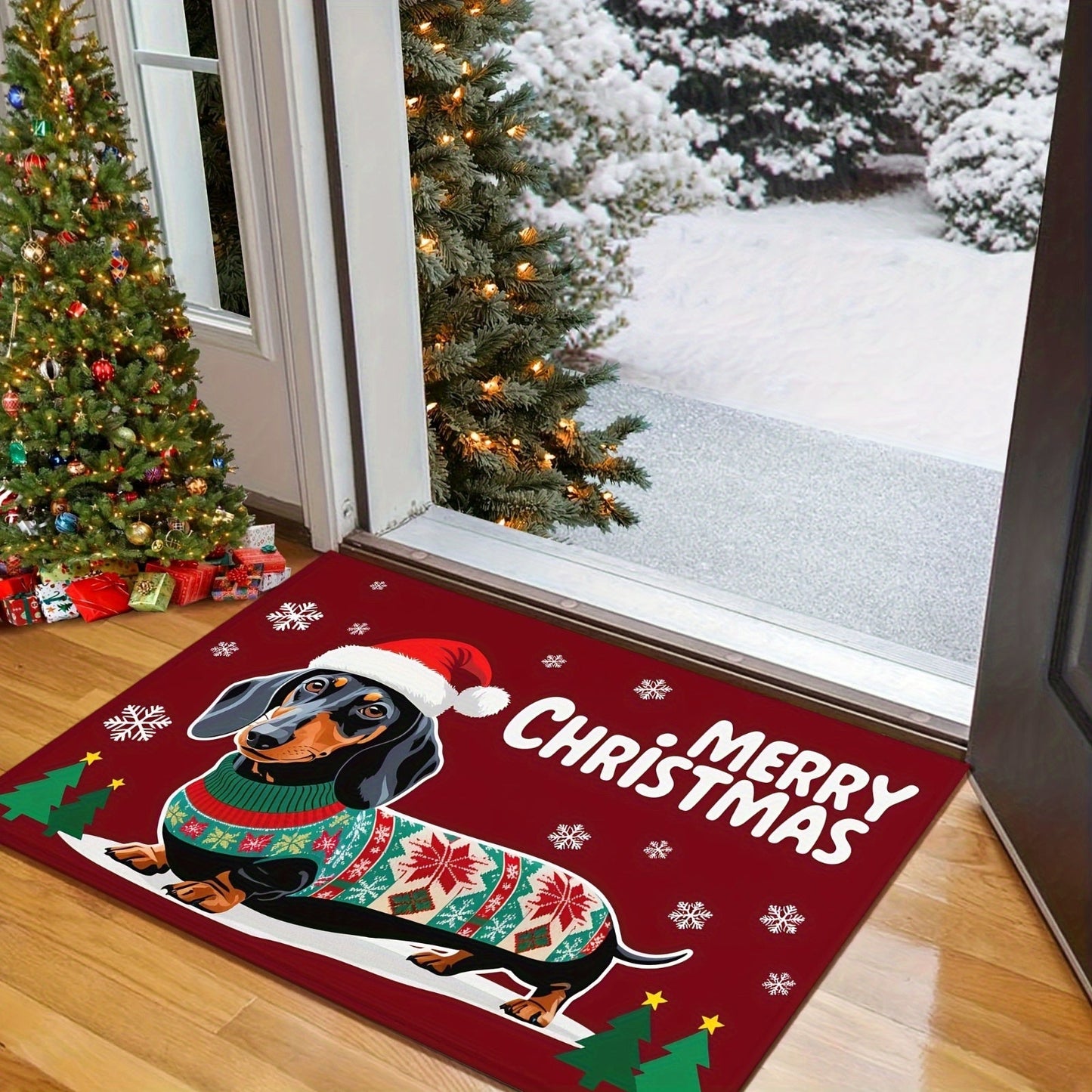 Welcoming Christmas Dachshund Doormat - Non-Slip, Easy-Clean Polyester Mat with Rubber Backing, Lightweight & Durable, Braided Rectangle Floor Mat for Home, Bathroom, Balcony - Festive Dog in Santa Hat for Holiday Decor