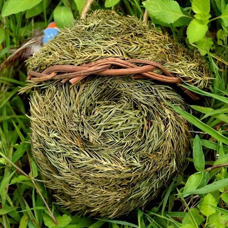 Handmade grass bird nest for small pets, woven with pine needles. Warm and coldproof, ideal hideout in pastoral yard. Aerial charm round bird house.