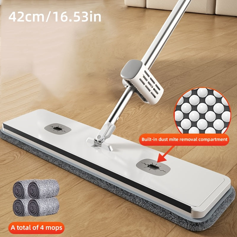 The Hands-Free Wash Flat Mop Set is a versatile cleaning tool with 2 reusable pads. It has a durable, long handle that makes it easy to clean tile, hardwood floors, and more. Ideal for use in the kitchen, bathroom, and living room.