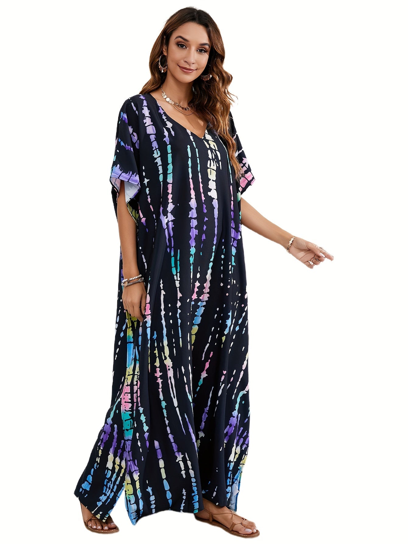 Plus Size Boho Cover Up with Tie Dye Stripes and Batwing Sleeves