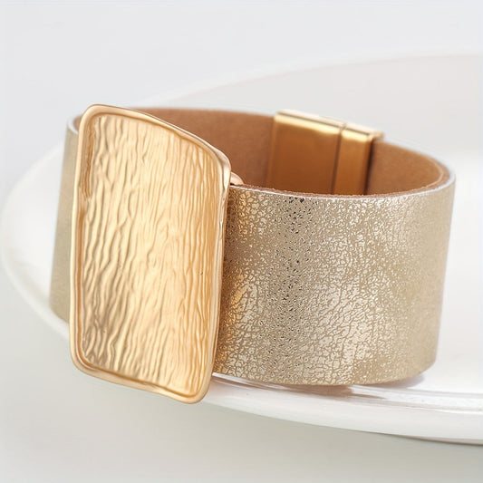 Vintage Boho Style 14K Golden Plated Alloy Bangle with Chic Leather Design. Features a Unique Magnetic Clasp for Easy Wear. Perfect for Daily Wear or as a Stylish Gift.