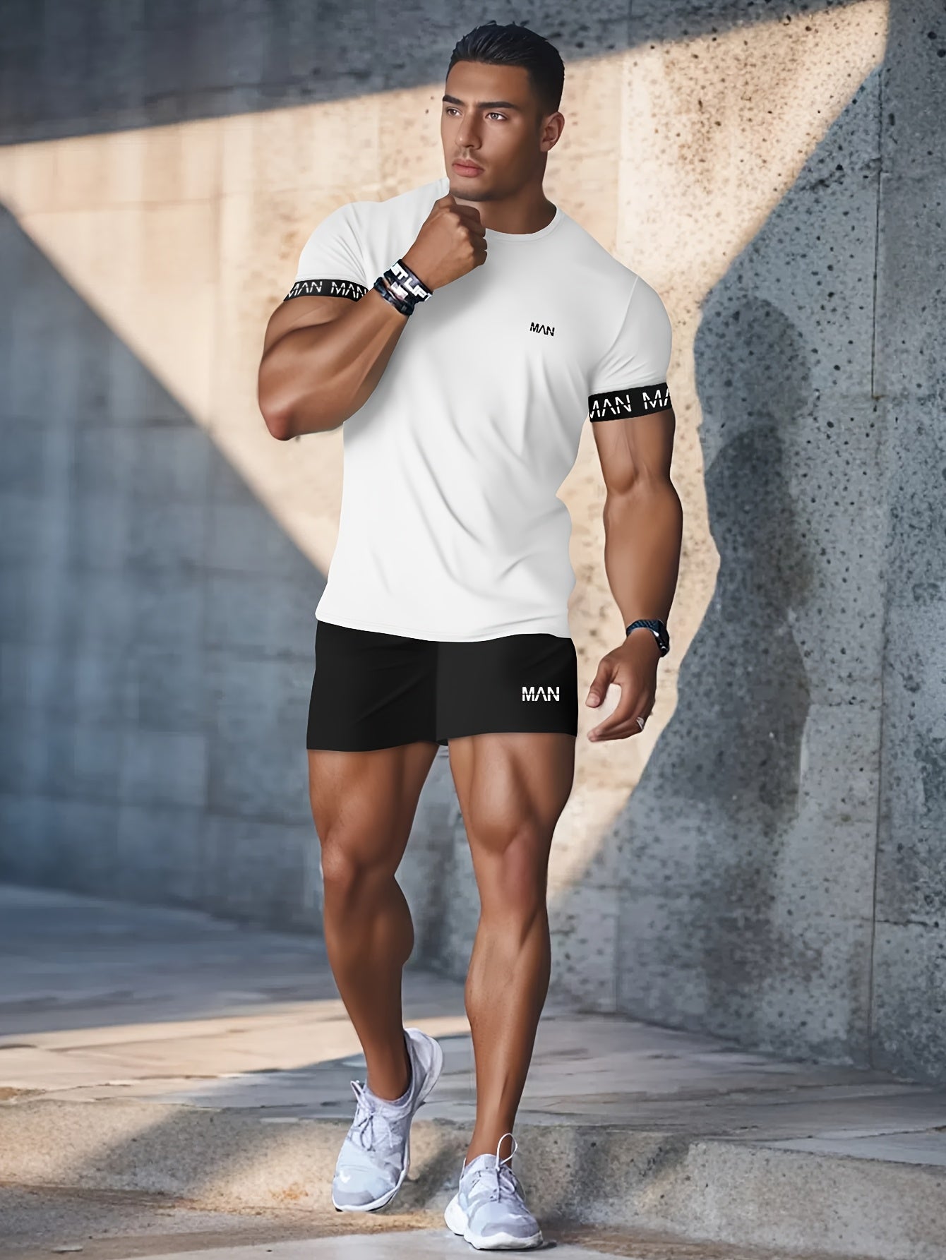 Quick-drying sports set for men - includes summer fitness training jacket and shorts with webbing design. Made of polyester and elastane, machine washable. Ideal for home or outdoor sports.