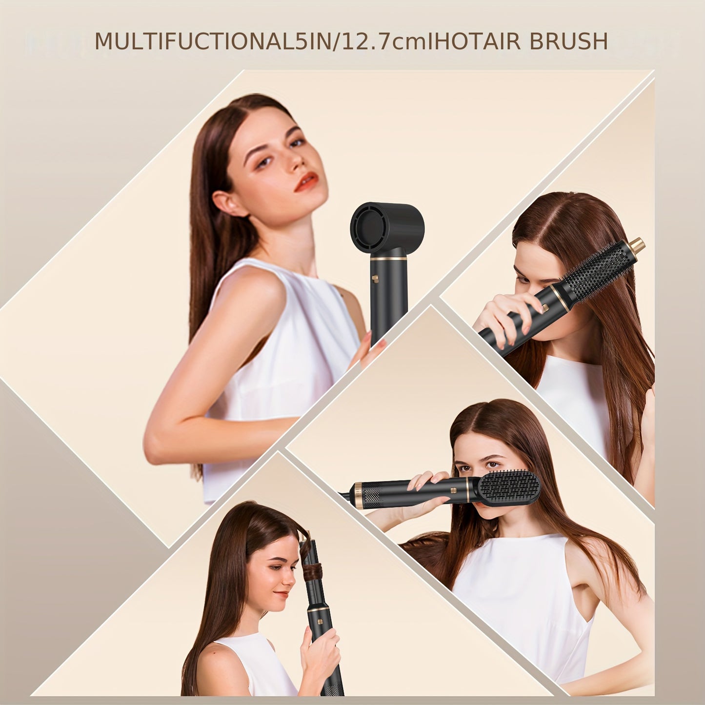 2024 updated 5-in-1 hot air brush with 800W power. Includes detachable hair dryer brush, diffuser, air curler wand, oval hair straightener brush, and hair dryer with nozzle. European