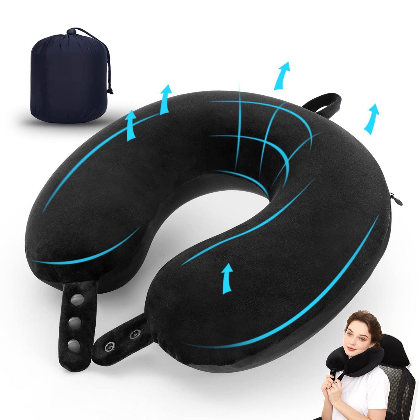 Black Ergonomic Memory Foam Neck Pillow with Adjustable Soft Medium Support, Perfect for Airplane, Car & Home Use. Features Spot-Clean 100% Polyester Cover and 100% Memory Foam Filling, Knitted Fabric, 200-250 gsm.