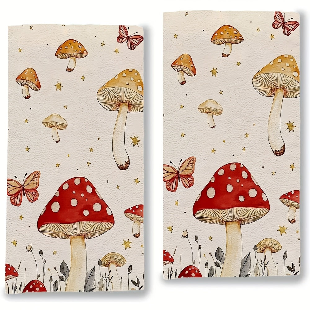 Two whimsical mushroom and butterfly kitchen towels made from ultra soft and highly absorbent polyester. These dish cloths are machine washable and measure 40.64x60.96 cm. Perfect for adding a touch of holiday decor to your kitchen, these towels are both