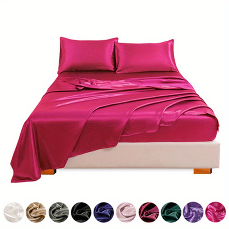 4 pieces of polyester satin solid fitted sheet set includes 1 fitted sheet, 1 flat sheet, and 2 pillowcases, available in Twin, Full, Queen, or King sizes.