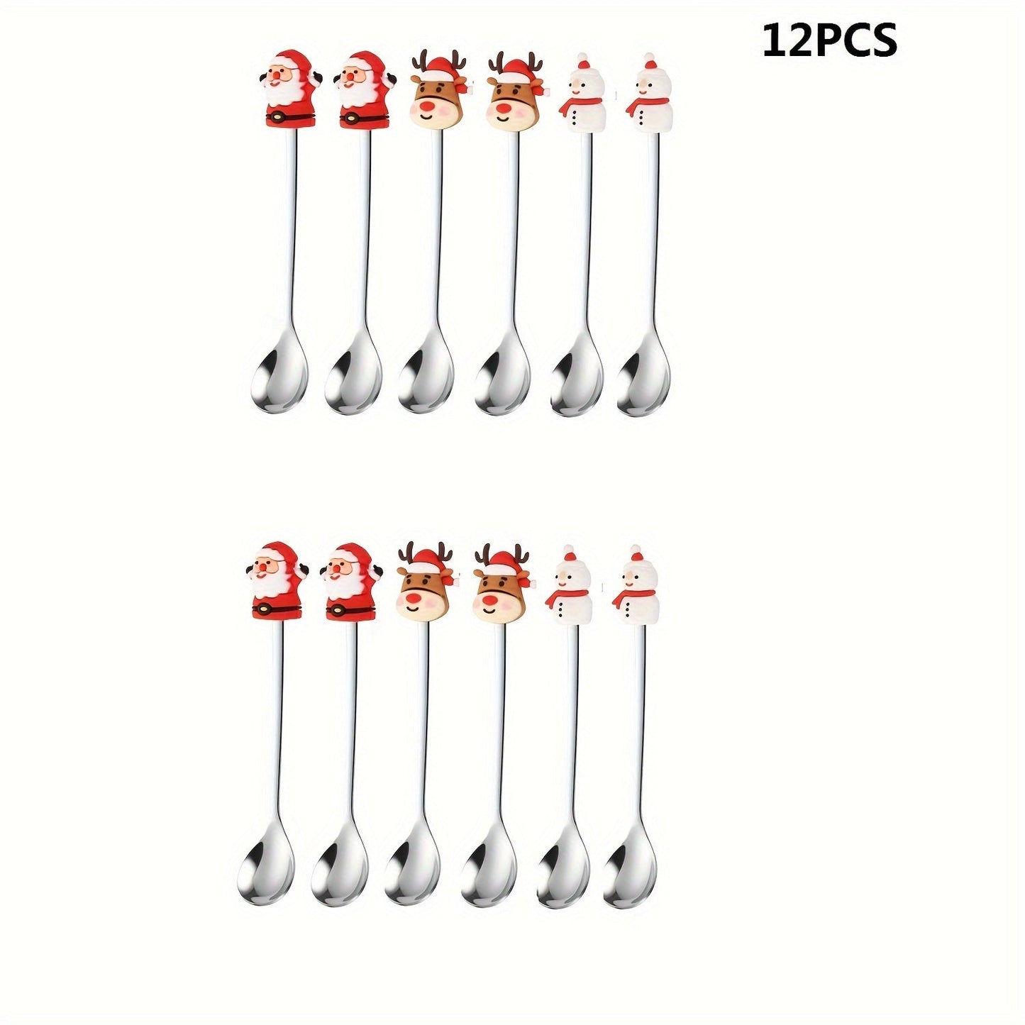 Set of 12 golden and silvery Christmas-themed coffee spoons, featuring cute doll designs. Made of stainless steel, this mixed set is perfect for use in restaurants during Christmas parties for serving desserts, coffee, milkshakes, jams, chocolates, and