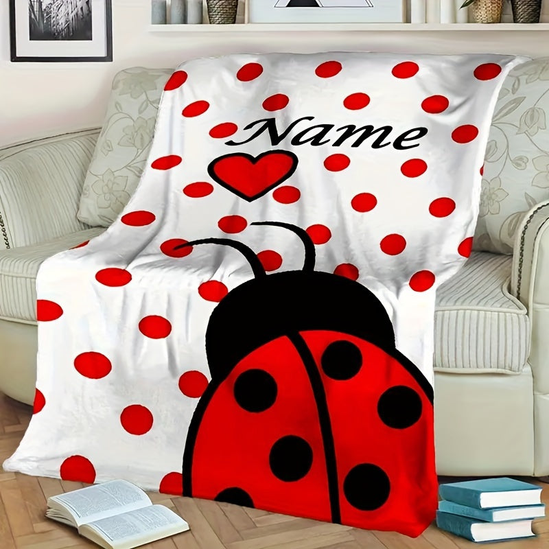 Customize your own Ladybug Print Flannel Throw Blanket with a personalized name! This cozy fleece throw is perfect for use on your sofa, bed, office, or even outdoors while camping. The all seasons cartoon style multipurpose blanket is machine washable