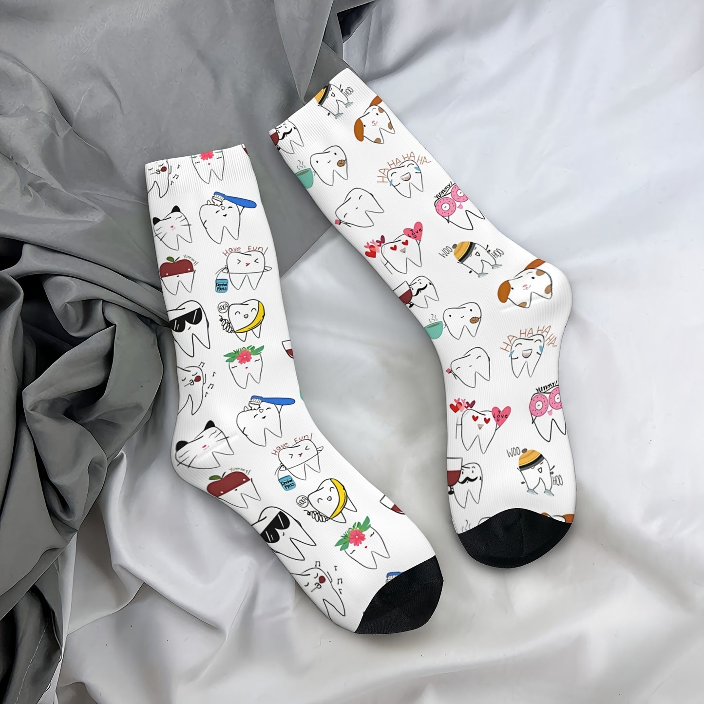 Novelty crew socks with 3D teeth print for all seasons- breathable and comfortable fit.