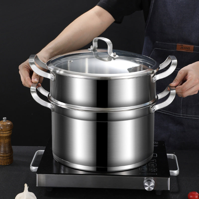 This stainless steel double boiler pot comes with a clear lid and measures 10 inches in size. It is designed for easy cleaning and features a non-stick bottom, making it ideal for both kitchen and restaurant use. The pot has a composite bottom, so it is