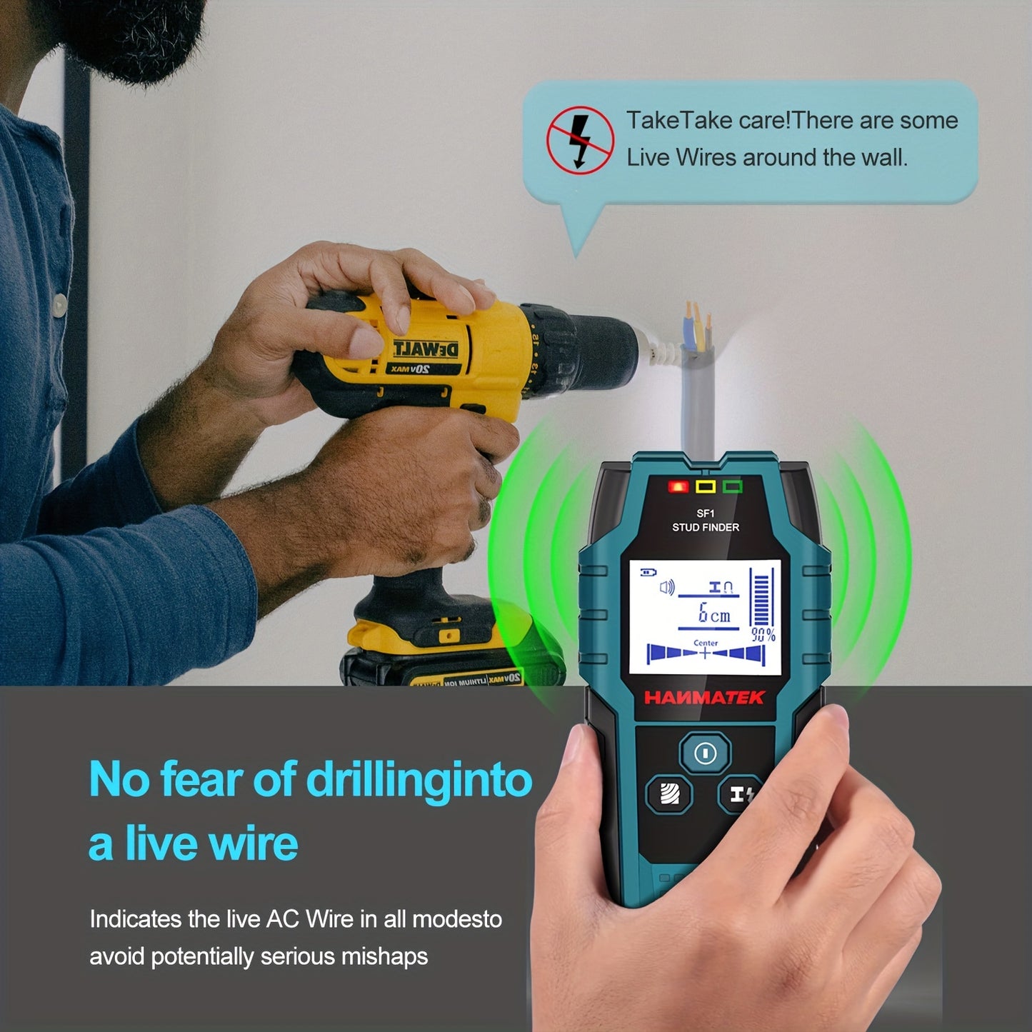 HANMATEK SF1 Wall Scanner detects studs, joists, and AC wires with LCD display.