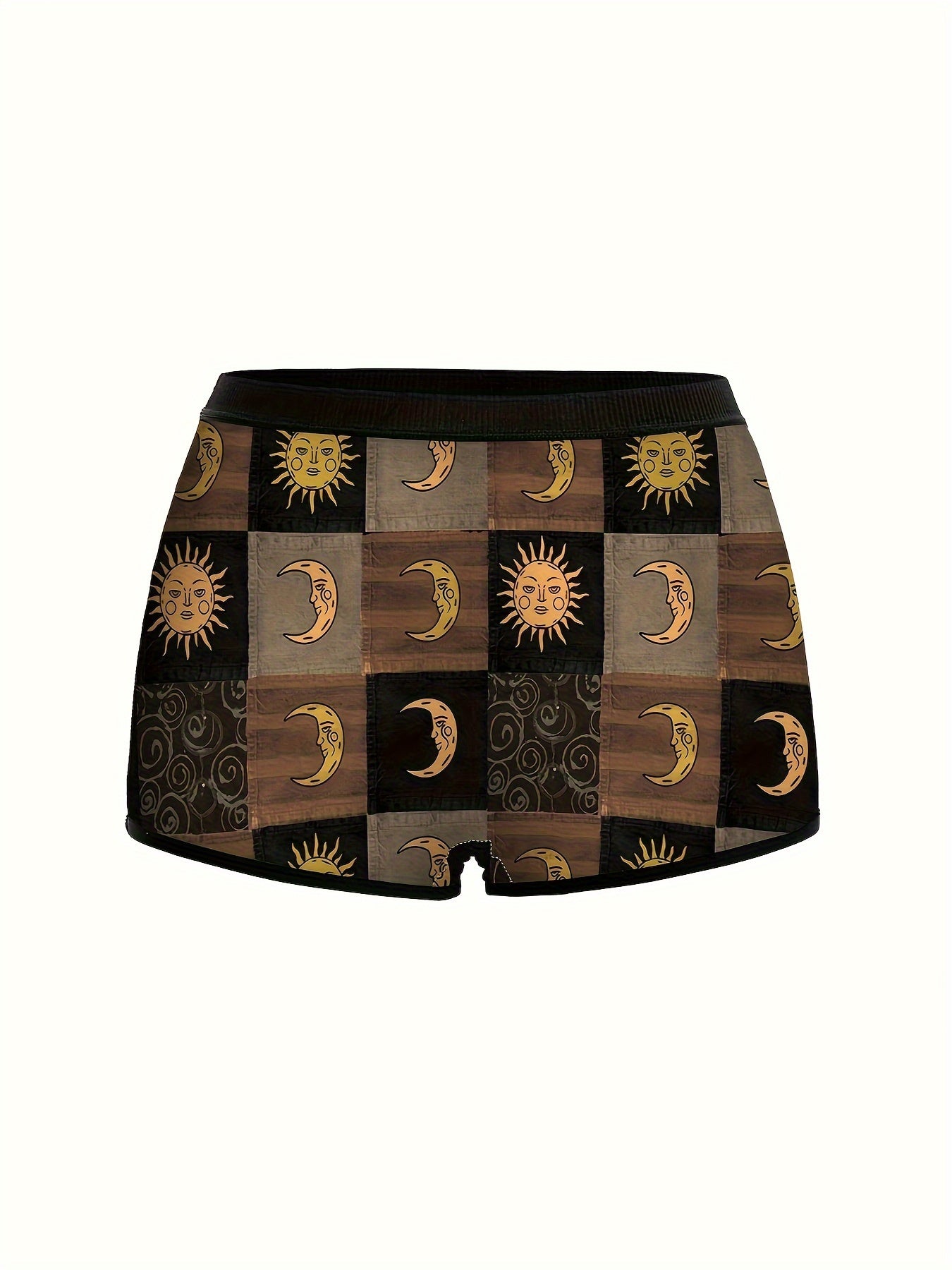 3pcs Boyshort Panties with Sun, Moon & Stars Print - Comfy Polyester Blend, Stretchy Elastane, Machine Washable