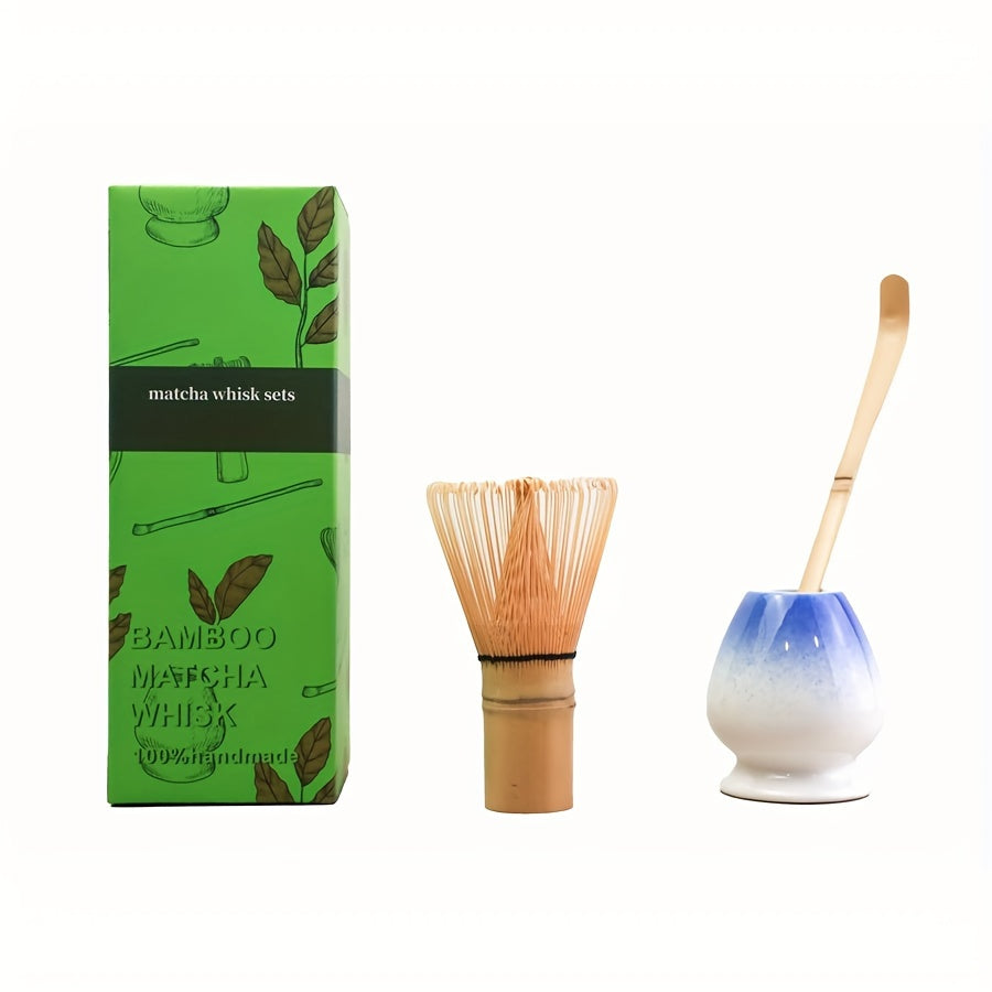 Complete Set of Traditional Japanese Matcha Tools - Includes Bamboo Whisk, Ceramic Spout, and Scoop - Ideal for Holiday Season