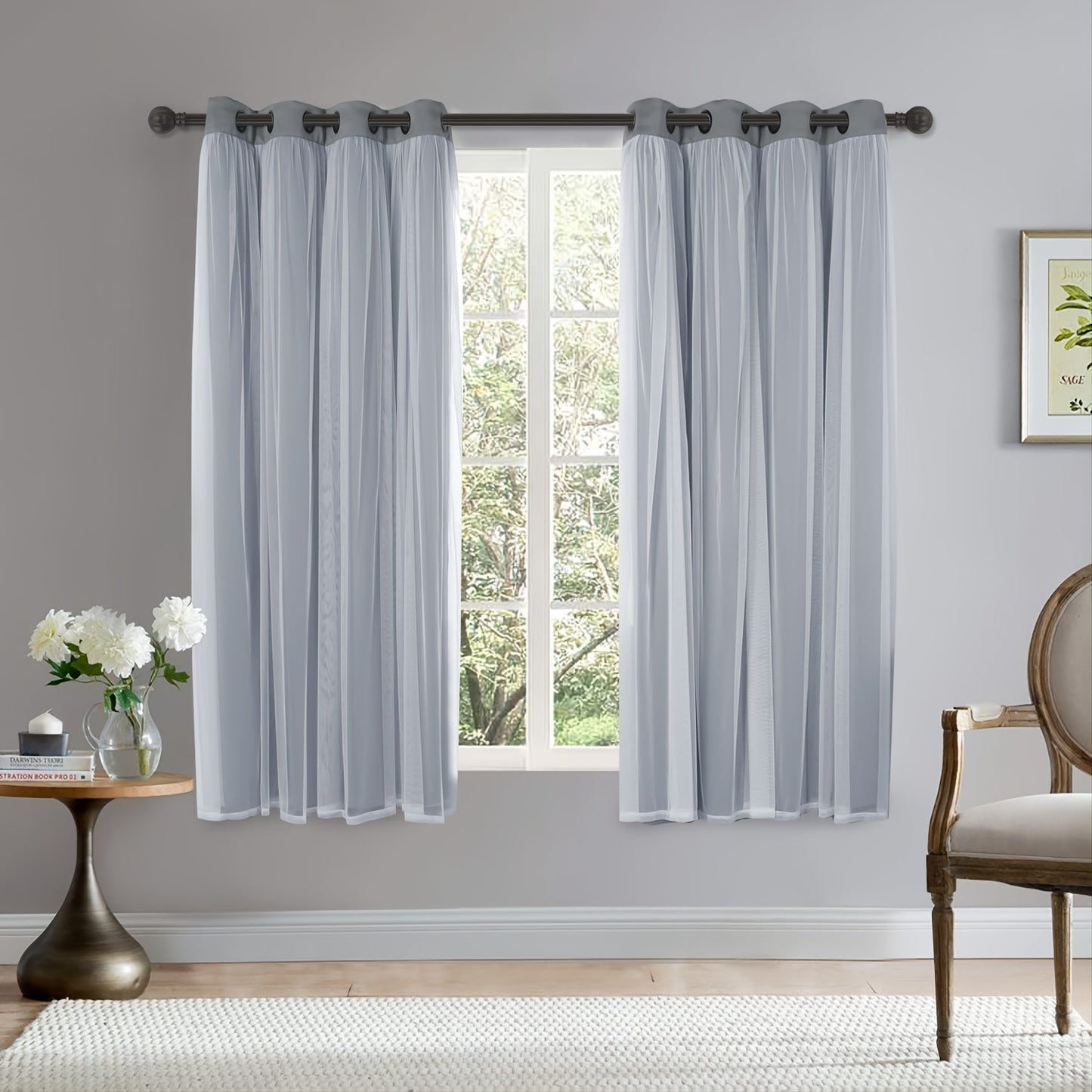 Grey bedroom blackout curtains with white sheer voile double-layered combination, featuring grommet design for easy hanging.