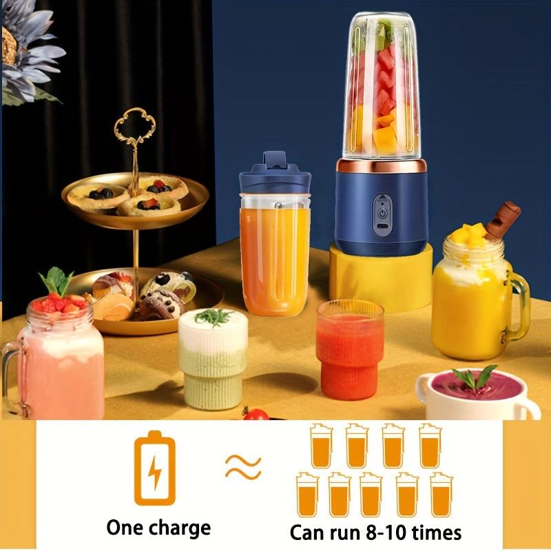 Portable USB juicer blender with 380ml capacity, detachable six-blade design, easy to clean, rechargeable battery, food-grade materials, and push-button control.