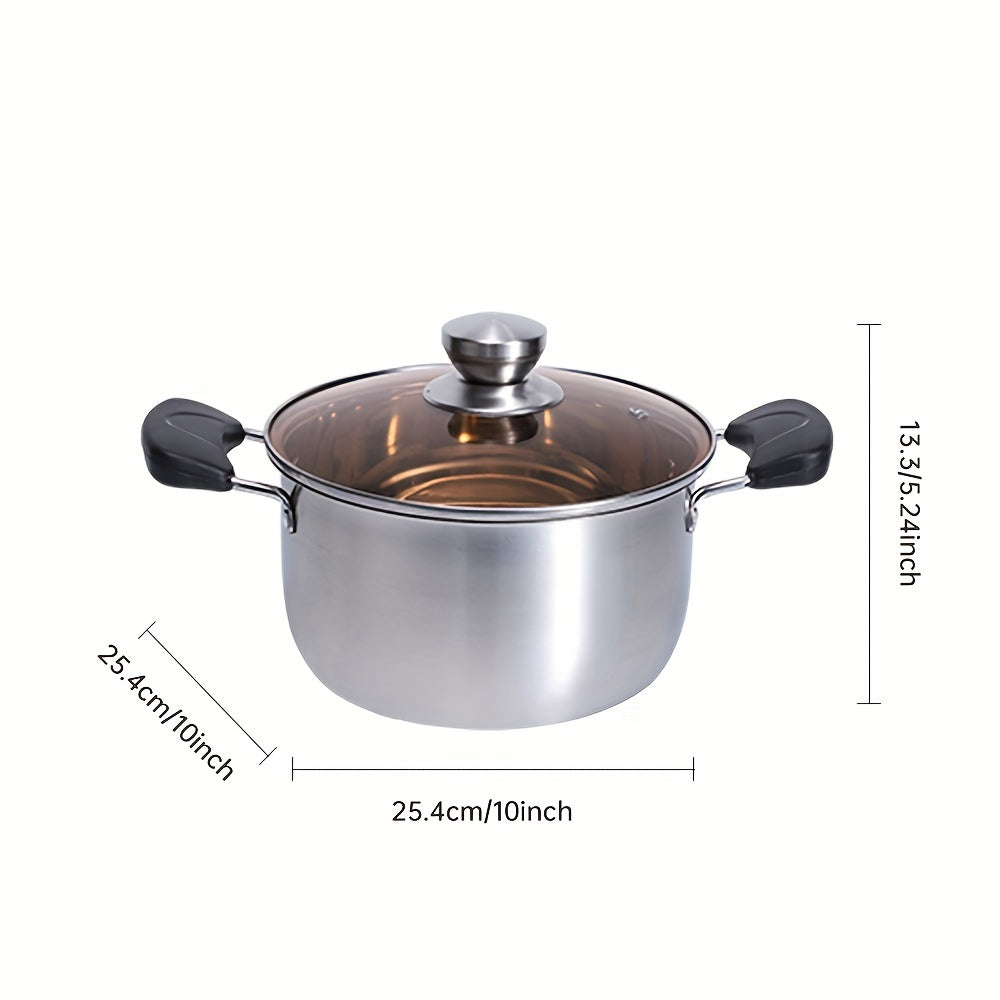 Soup pot with lid made of stainless steel - featuring dual handles, compatible with induction cooktops, and safe to use in the dishwasher for home kitchen cooking.