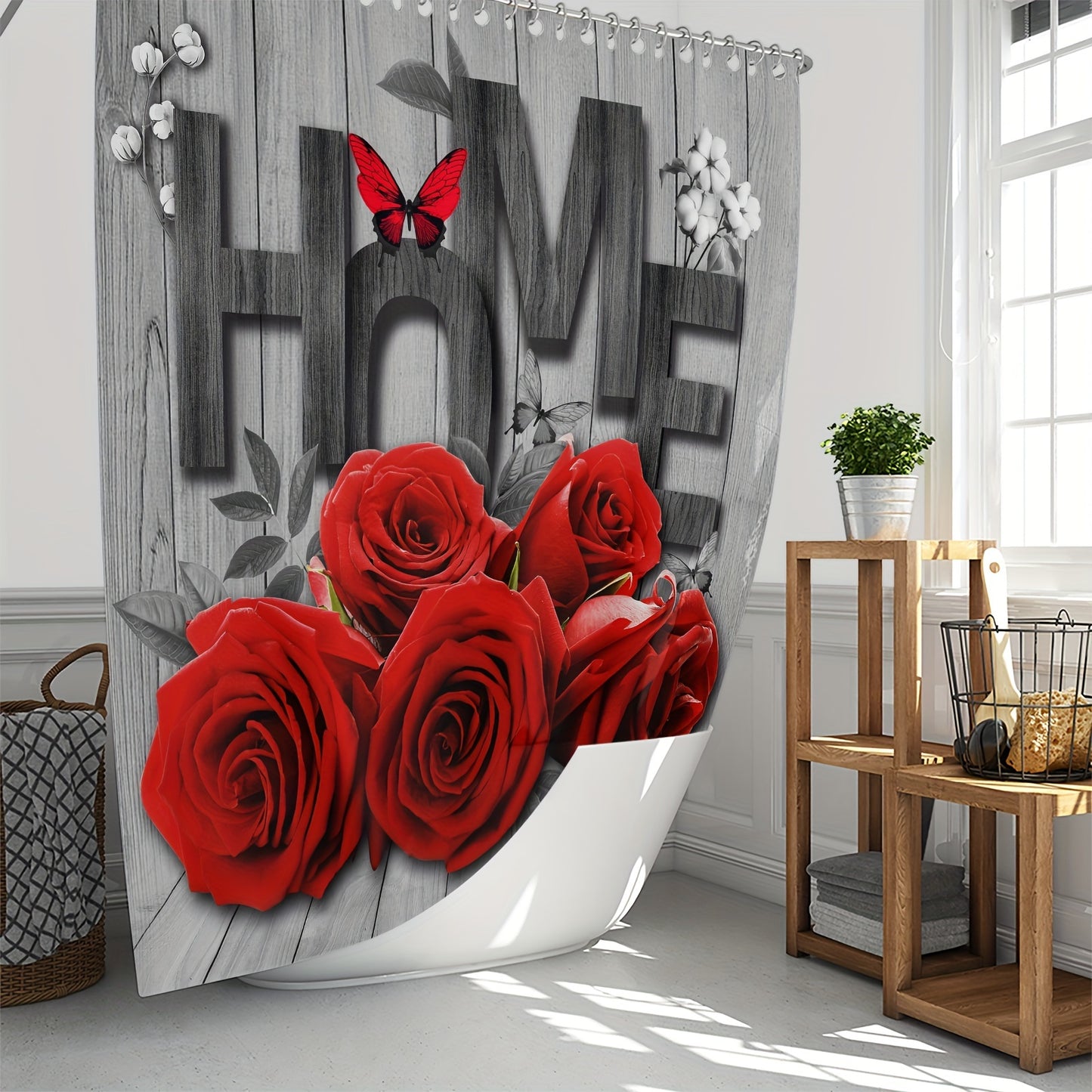 1 Romantic Rose and Butterfly polyester bathroom set includes a water-resistant floral shower curtain with 12 hooks, non-slip mats, a U-shaped bath rug, and round toilet lid cover. Machine washable and perfect for all-season home decor.