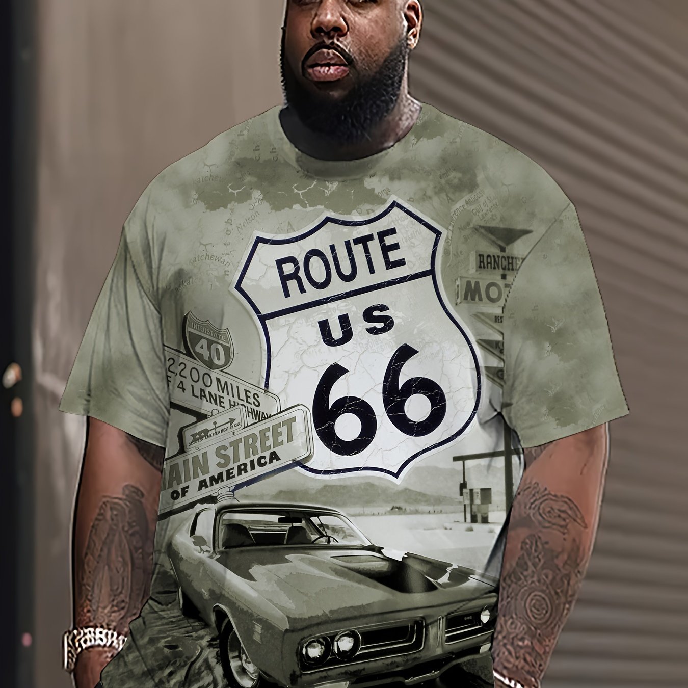 Men's Route 66 Adventure T-Shirt by HXMRBY - Short Sleeve Round Neck Tee made of Polyester with Casual Sporty Style, Cartoon Print, Regular Fit, and Knit Fabric.