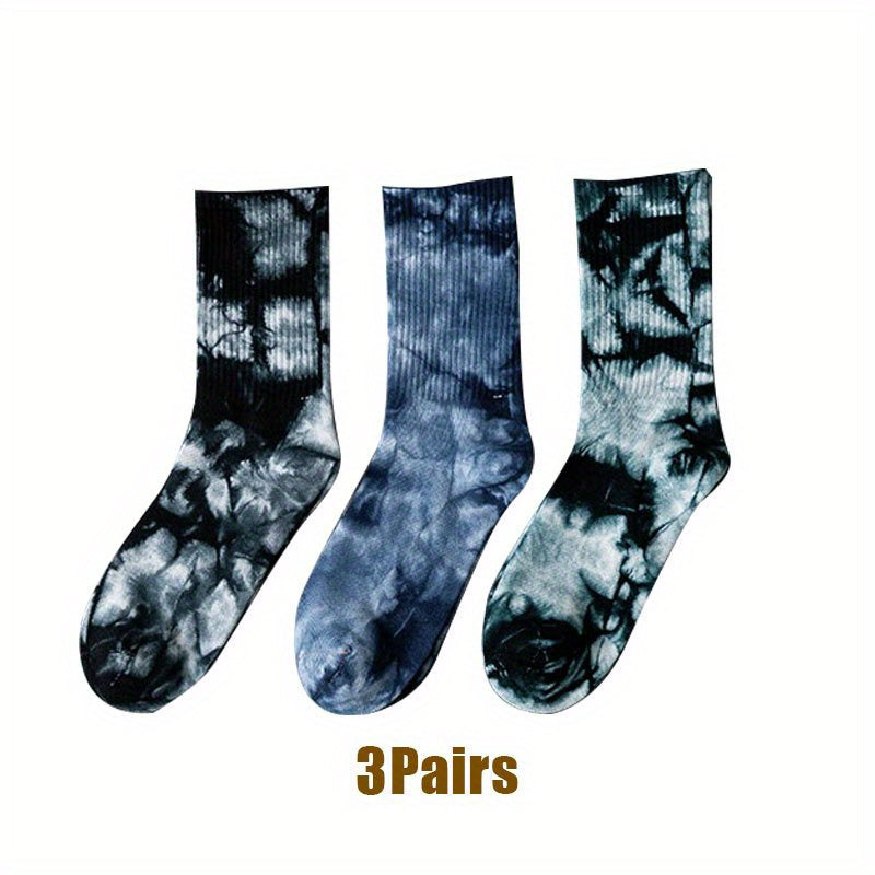 Three pairs of tie dyed men's socks with a trendy design, suitable for street skateboarding and hip-hop style, great for couples or sports.