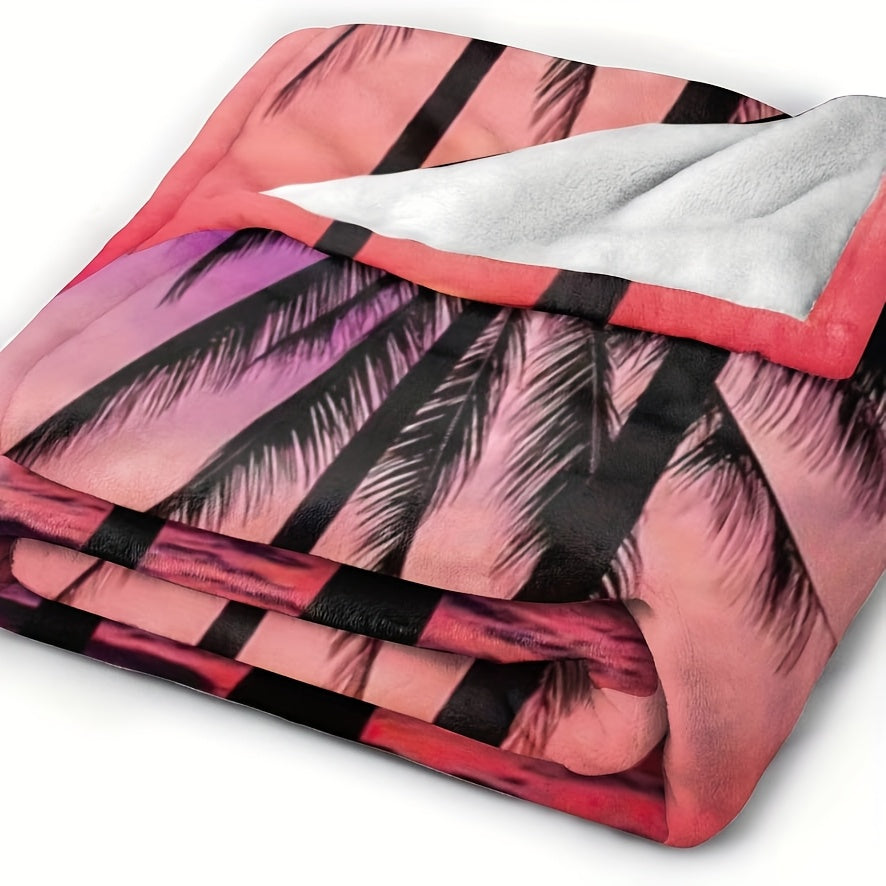 One piece of luxurious Cozy Flannel Fleece Blanket featuring an Ultra Soft Sunset Beach Palm Tree Design in a Contemporary Style. This All-Season Multipurpose Throw is perfect for Camping, Home Decor, Office, Sofa, and Travel. Made from Digital Print