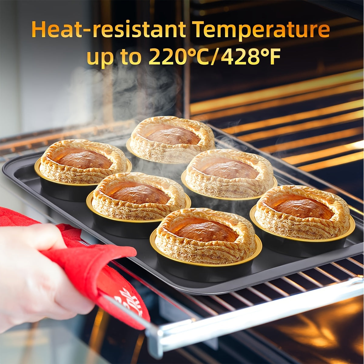 Set of 20 golden mini pie tins with lids, each measuring 10.16cm and holding 8oz. Made of disposable aluminum foil, perfect for creme brulee, tarts, and cakes. These oven-safe individual baking containers are a convenient choice for your cooking needs.