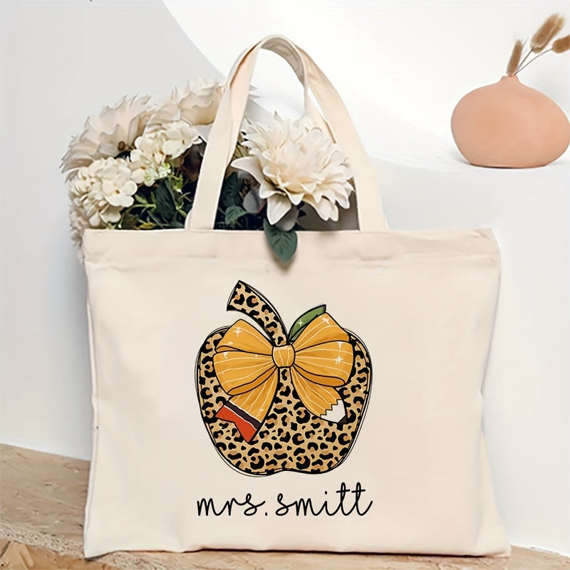 Personalized Teacher Bow Pattern Tote Bag, Canvas Shoulder Bag perfect for Travel, Work, and Shopping. Ideal gift for Teacher Appreciation or Back To School.