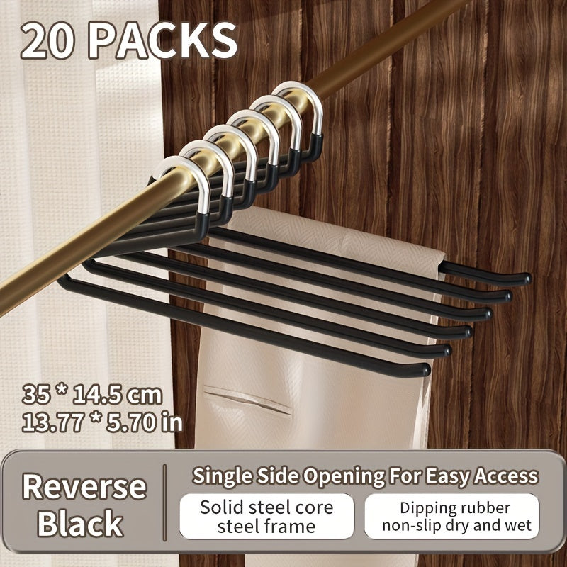 One set of 20pcs Goose-Neck Space-Saving Metal Pants Hangers, Non-slip Closet Organizers made of Durable Stainless Steel. Features Z-Shape design for Home Storage. Perfect for organizing clothes and maximizing space in your closet. Essential Home