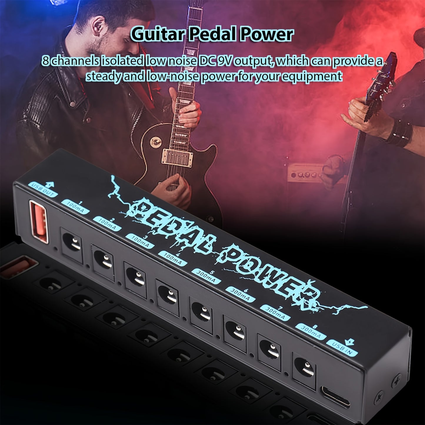 Guitar Pedal Power Supply with 8 isolated 9V DC outputs.