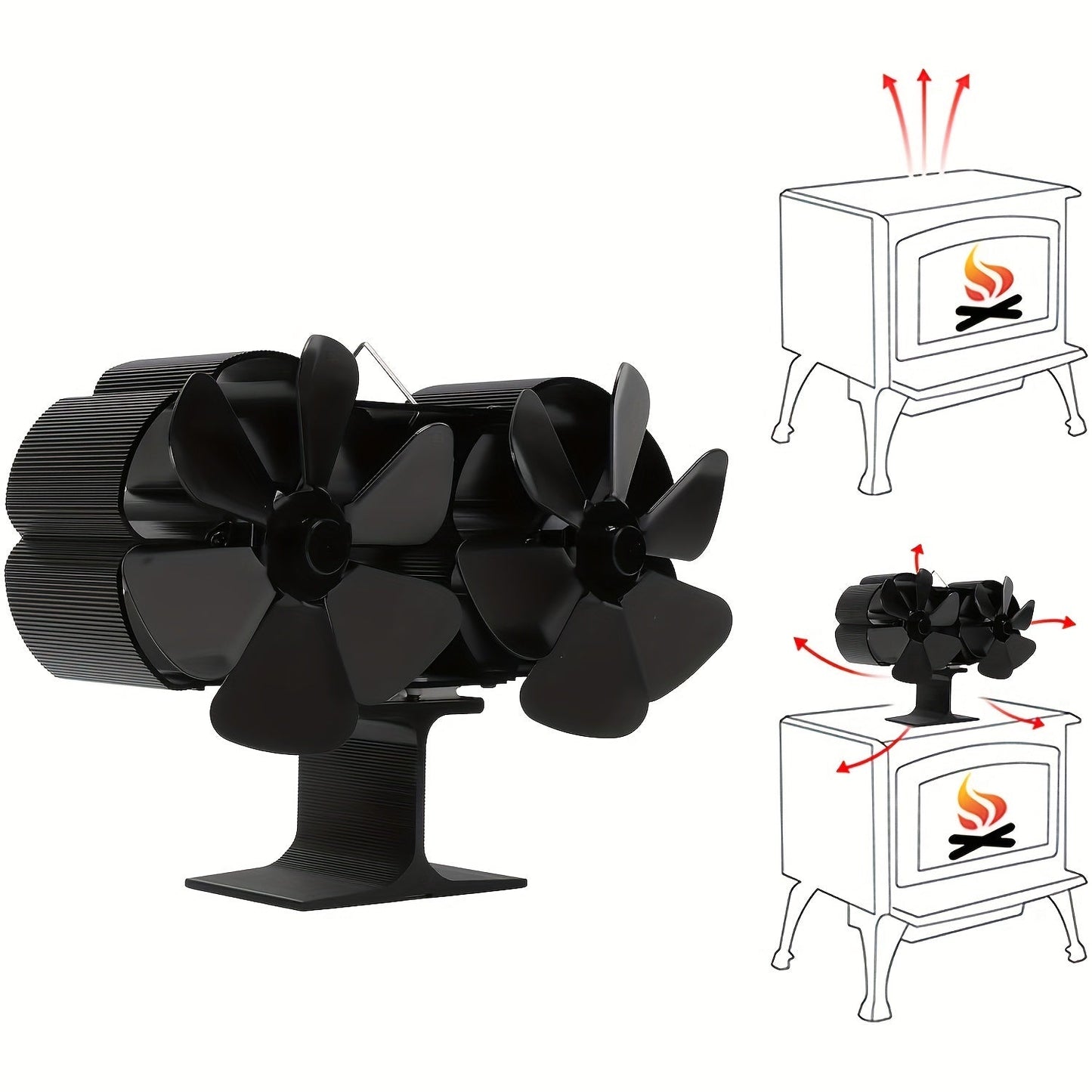 Two-Headed Fireplace Fan with Thermo-Electric Technology, Auto Start, High Heat Resistance, 6 Blade Design, Energy-Efficient and Quiet, Made of Premium Aluminum Alloy, Durable and Corrosion-Resistant, Provides Air Circulation for Freestanding Stoves